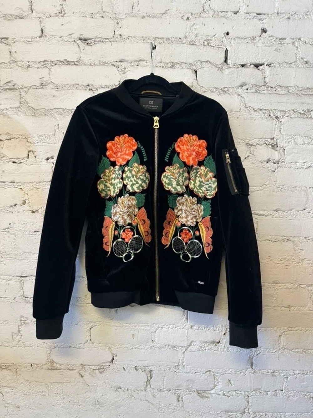 Scotch & Soda Black Velvet Bomber Jacket with Orange Floral Embroidery